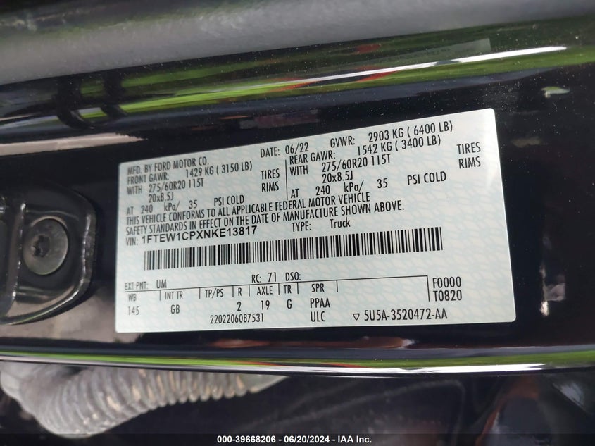 2022 FORD F-150 2.7L V-6 DI, DOHC, V(VIN: 1FTEW1CPXNKE13817