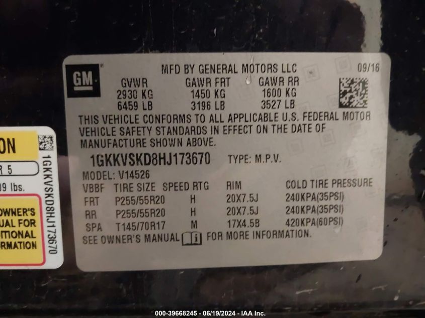 2017 GMC Acadia Limited VIN: 1GKKVSKD8HJ173670 Lot: 39668245