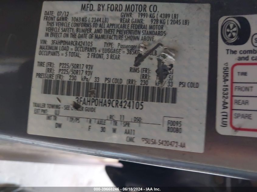 2012 Ford Fusion Se VIN: 3FAHP0HA9CR424105 Lot: 39668246