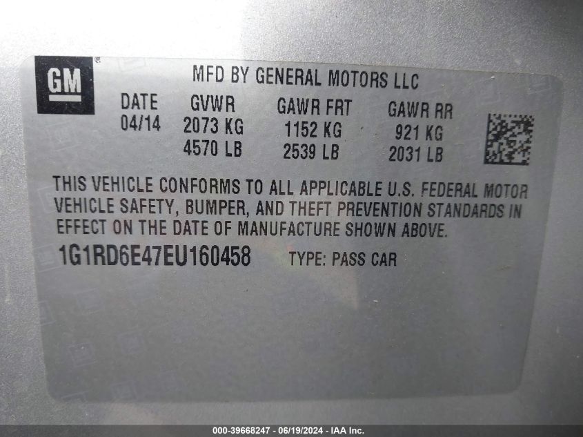 2014 Chevrolet Volt VIN: 1G1RD6E47EU160458 Lot: 39668247