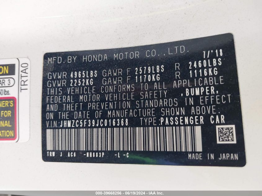 2018 Honda Clarity Touring VIN: JHMZC5F39JC016368 Lot: 39668256