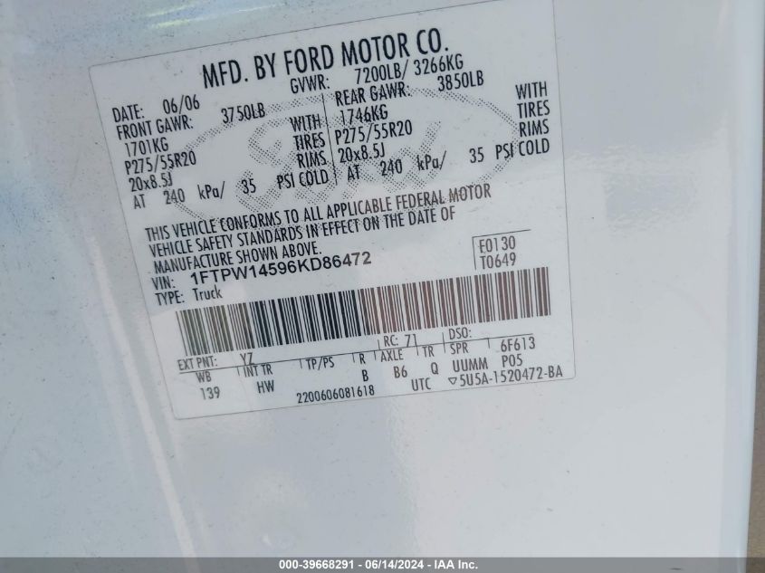 2006 Ford F-150 Fx4/Lariat/Xlt VIN: 1FTPW14596KD86472 Lot: 39668291