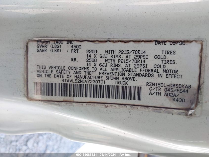 1997 Toyota Tacoma VIN: 4TAVL52N1VZ230731 Lot: 39668321