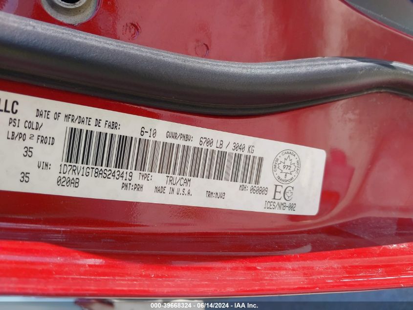 2010 Dodge Ram 1500 Slt/Sport/Trx VIN: 1D7RV1GT8AS243419 Lot: 39668324