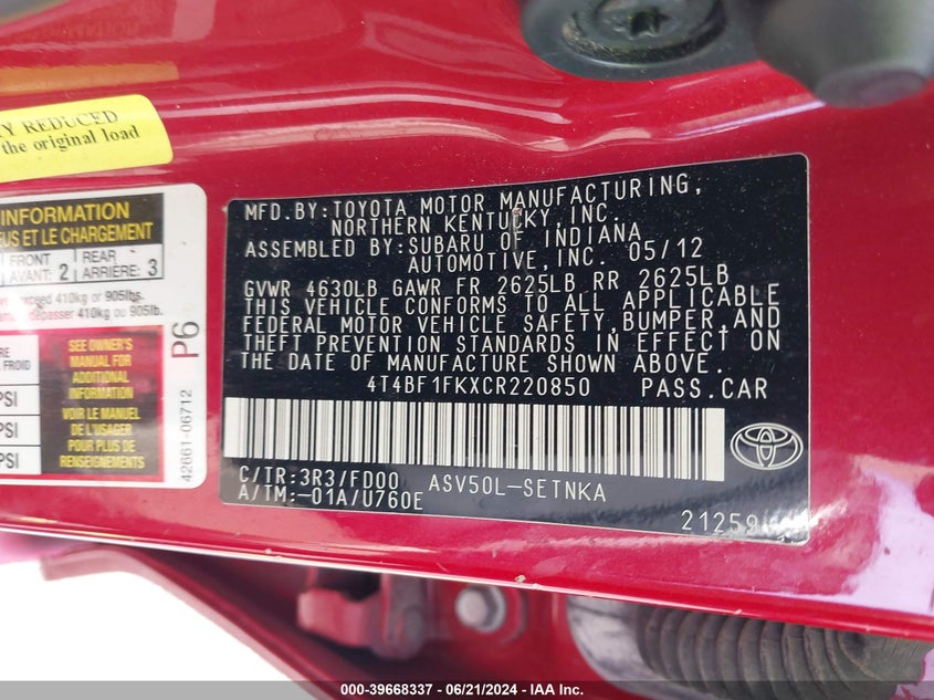 2012 Toyota Camry Le VIN: 4T4BF1FKXCR220850 Lot: 39668337