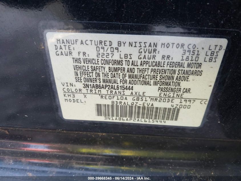 2010 Nissan Sentra 2.0 VIN: 3N1AB6AP2AL615444 Lot: 39668345