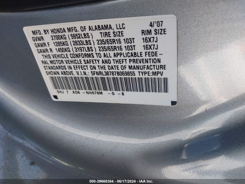 2007 Honda Odyssey Ex-L VIN: 5FNRL38787B069855 Lot: 39668384