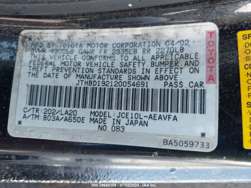 2002 Lexus Is 300 VIN: JTHBD192120054691 Lot: 39668389