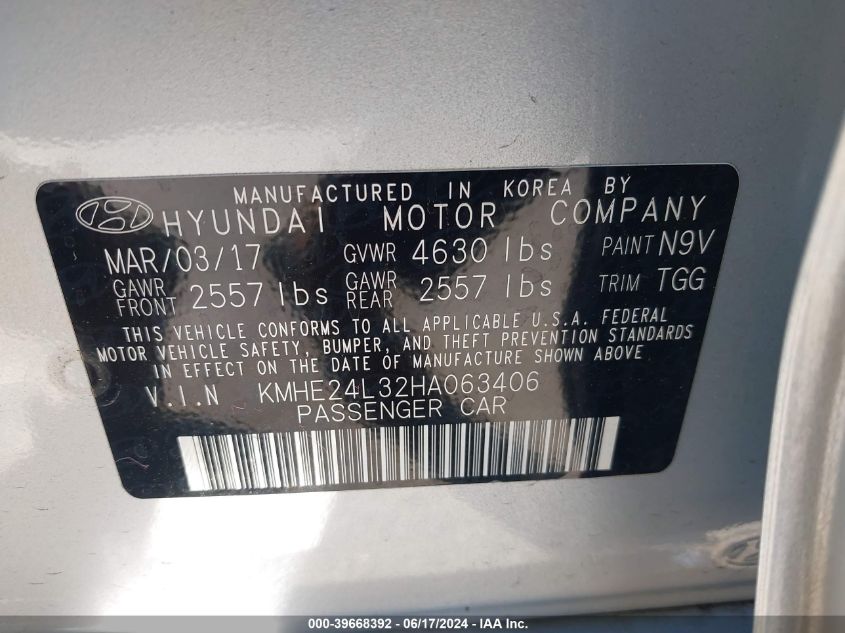 2017 Hyundai Sonata Hybrid Se VIN: KMHE24L32HA063406 Lot: 39668392