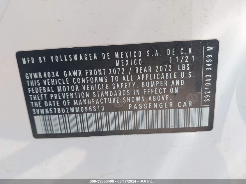 2021 Volkswagen Jetta 1.4T R-Line/1.4T S VIN: 3VWN57BU2MM096813 Lot: 39668400