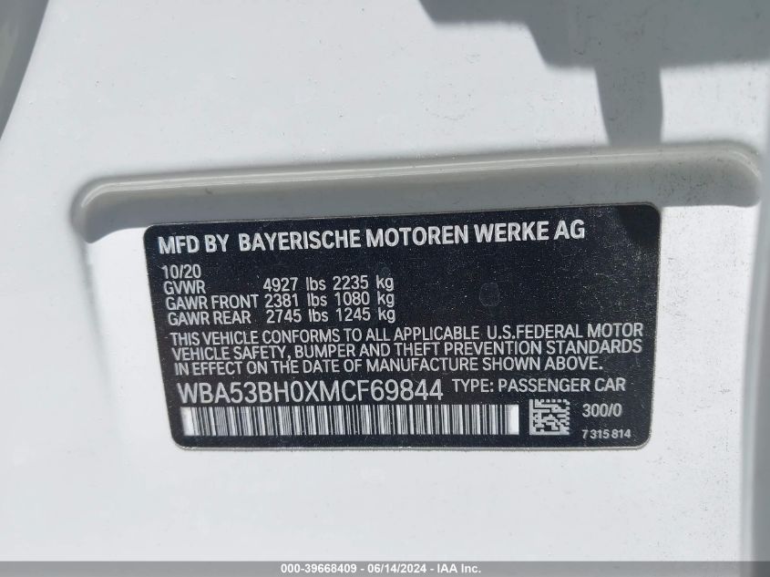 2021 BMW 530I VIN: WBA53BH0XMCF69844 Lot: 39668409