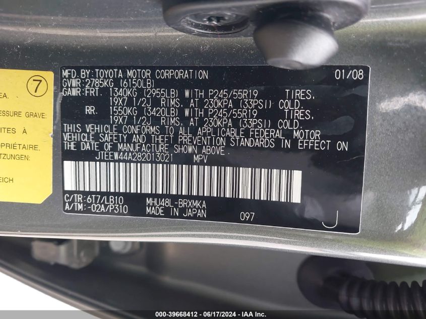 2008 Toyota Highlander Hybrid Limited VIN: JTEEW44A282013021 Lot: 39668412