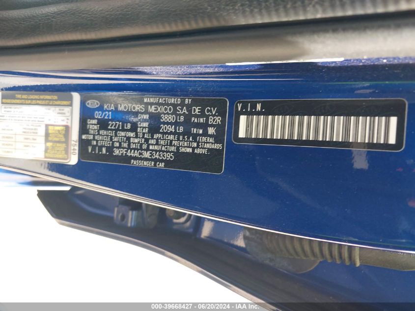 2021 Kia Forte Gt Manual VIN: 3KPF44AC3ME343395 Lot: 39668427