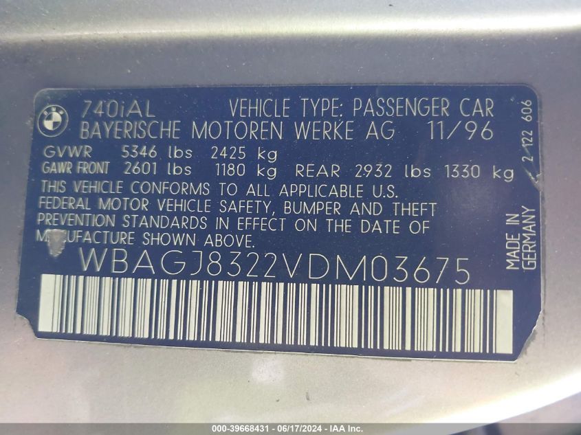 1997 BMW 740Il VIN: WBAGJ8322VDM03675 Lot: 39668431