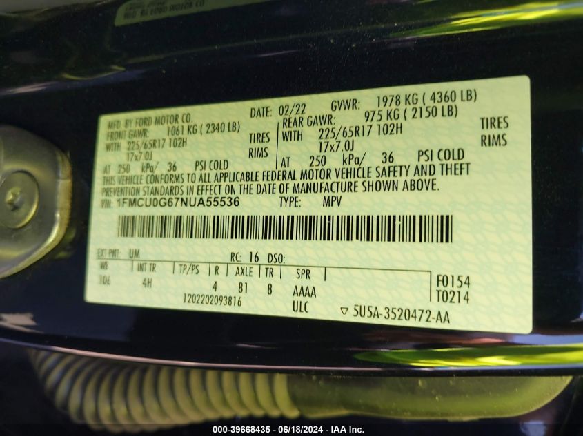 2022 Ford Escape Se VIN: 1FMCU0G67NUA55536 Lot: 39668435