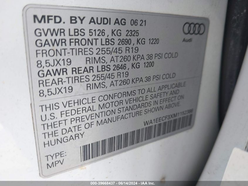 2021 Audi Q3 Premium Plus 45 Tfsi S Line Quattro Tiptronic VIN: WA1EECF3XM1152386 Lot: 39668437