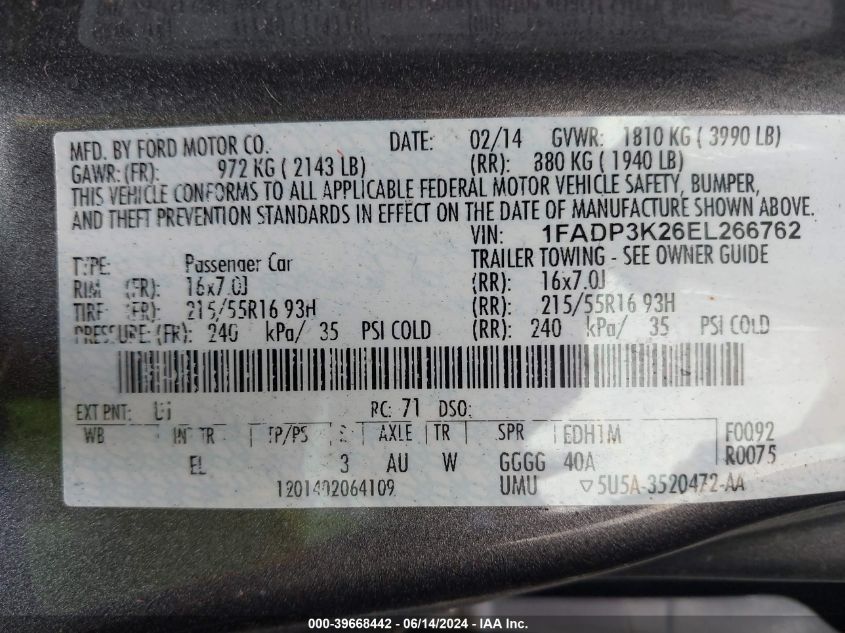 2014 Ford Focus Se VIN: 1FADP3K26EL266762 Lot: 39668442