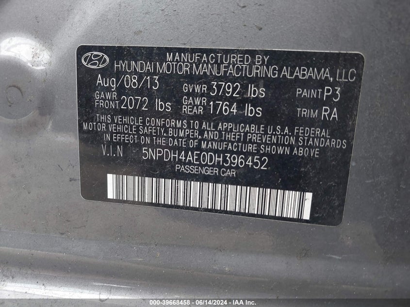 2013 Hyundai Elantra Gls VIN: 5NPDH4AE0DH396452 Lot: 39668458