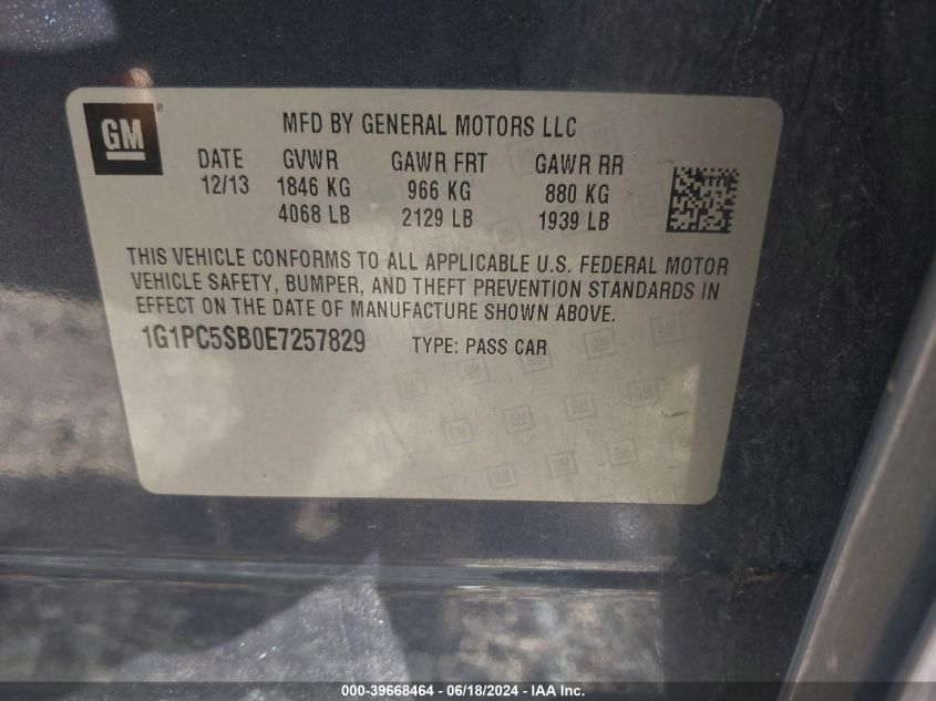 2014 Chevrolet Cruze 1Lt Auto VIN: 1G1PC5SB0E7257829 Lot: 39668464