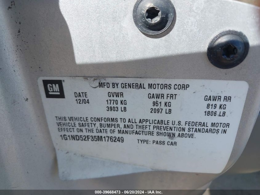 2005 Chevrolet Classic VIN: 1G1ND52F35M176249 Lot: 39668473