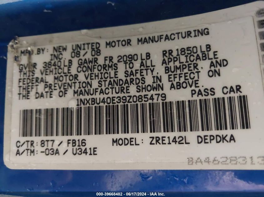 2009 Toyota Corolla Le VIN: 1NXBU40E39Z085479 Lot: 39668482