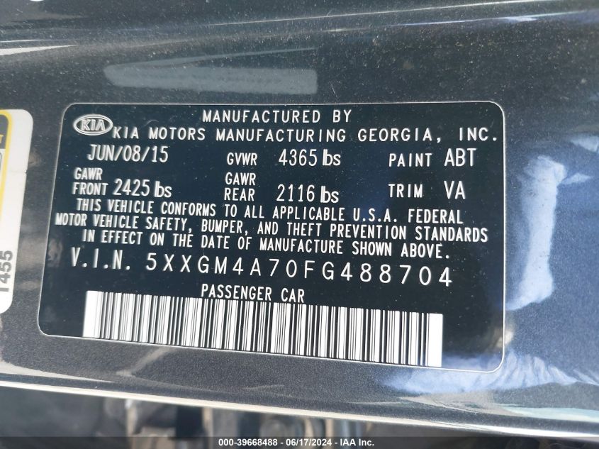 2015 Kia Optima Lx VIN: 5XXGM4A70FG488704 Lot: 39668488