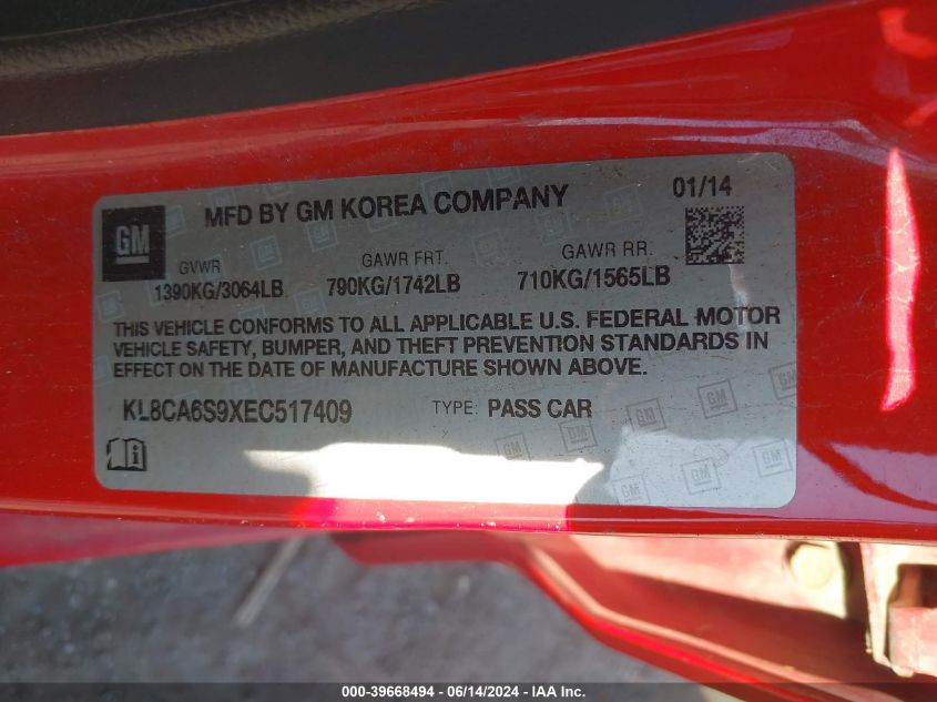 2014 Chevrolet Spark Ls Manual VIN: KL8CA6S9XEC517409 Lot: 39668494