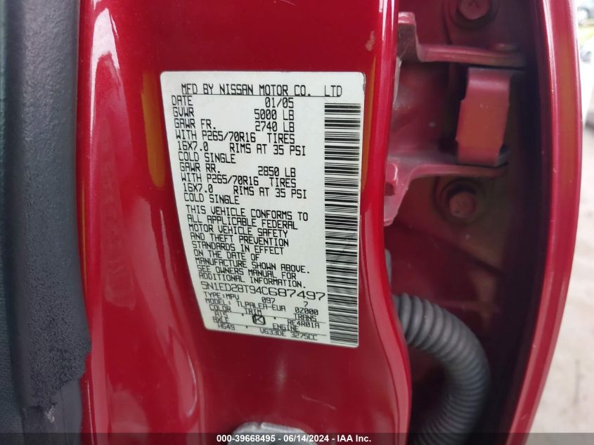 2004 Nissan Xterra Xe VIN: 5N1ED28T94C687497 Lot: 39668495