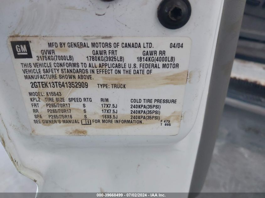 2004 GMC Sierra 1500 Slt VIN: 2GTEK13T641352909 Lot: 39668499