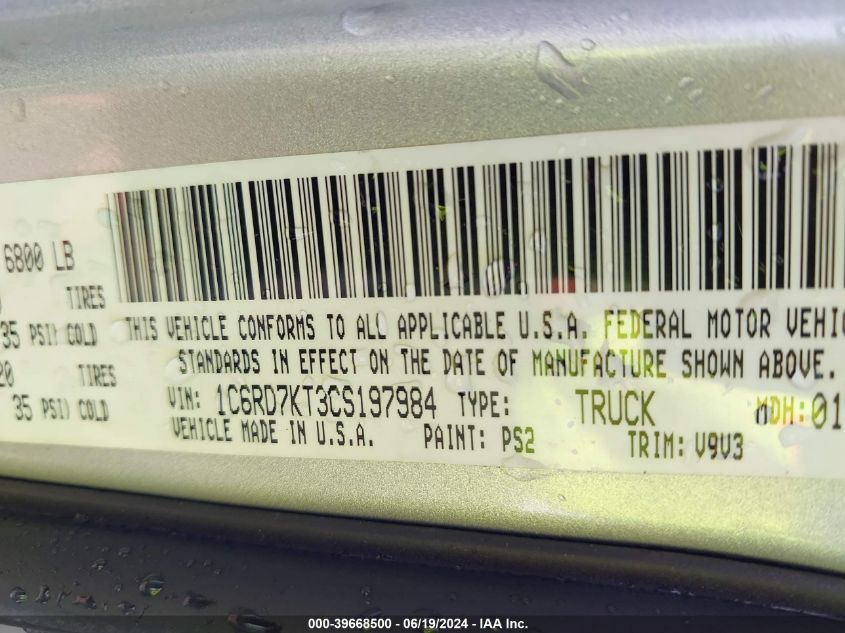 2012 Ram 1500 St VIN: 1C6RD7KT3CS197984 Lot: 39668500