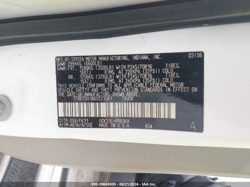 2006 Toyota Tundra Sr5 V8 VIN: 5TBET34186S523041 Lot: 39668505