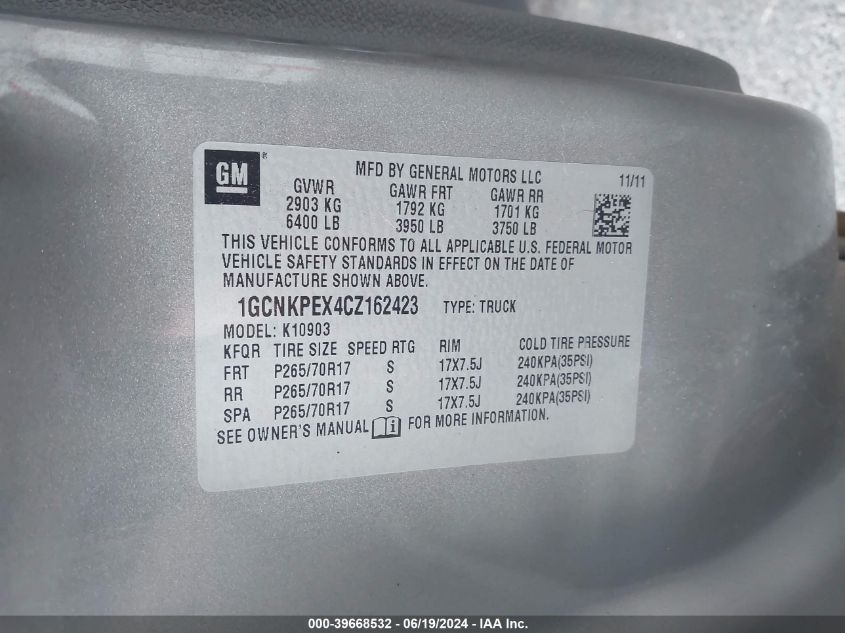 2012 Chevrolet Silverado 1500 Work Truck VIN: 1GCNKPEX4CZ162423 Lot: 39668532