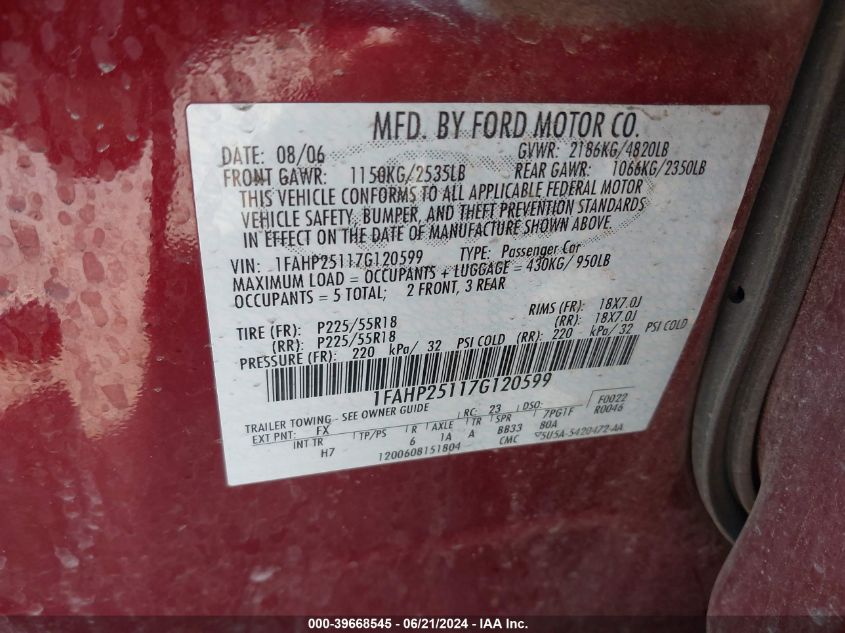 2007 Ford Five Hundred Limited VIN: 1FAHP25117G120599 Lot: 39668545