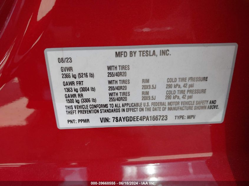 2023 Tesla Model Y Awd/Long Range Dual Motor All-Wheel Drive VIN: 7SAYGDEE4PA166723 Lot: 39668555