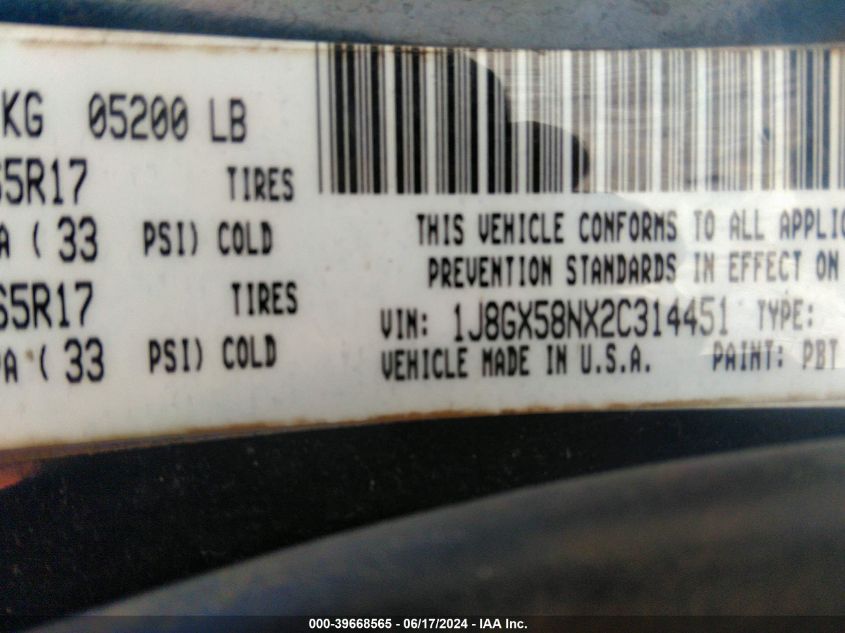 2002 Jeep Grand Cherokee Limited VIN: 1J8GX58NX2C314451 Lot: 39668565