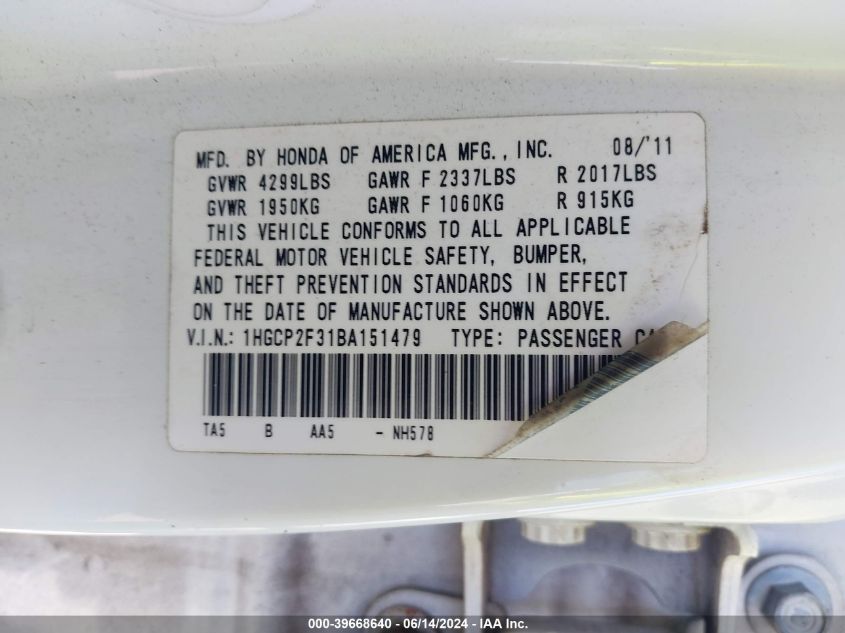 2011 Honda Accord 2.4 Lx VIN: 1HGCP2F31BA151479 Lot: 39668640