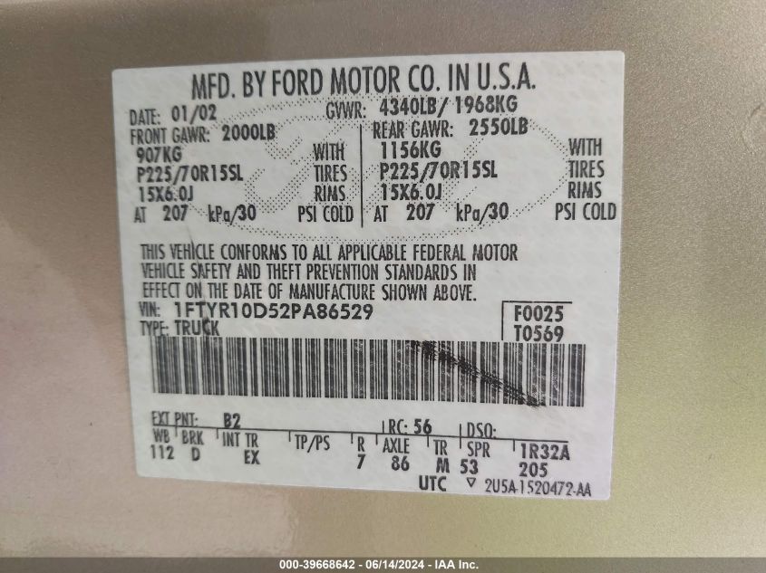 2002 Ford Ranger VIN: 1FTYR10D52PA86529 Lot: 39668642
