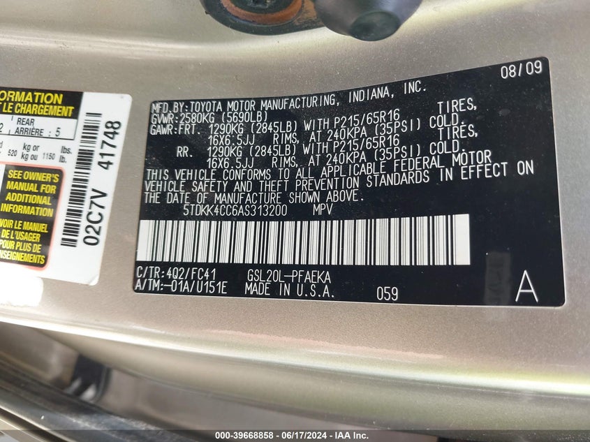 2010 Toyota Sienna Le VIN: 5TDKK4CC6AS313200 Lot: 39668858