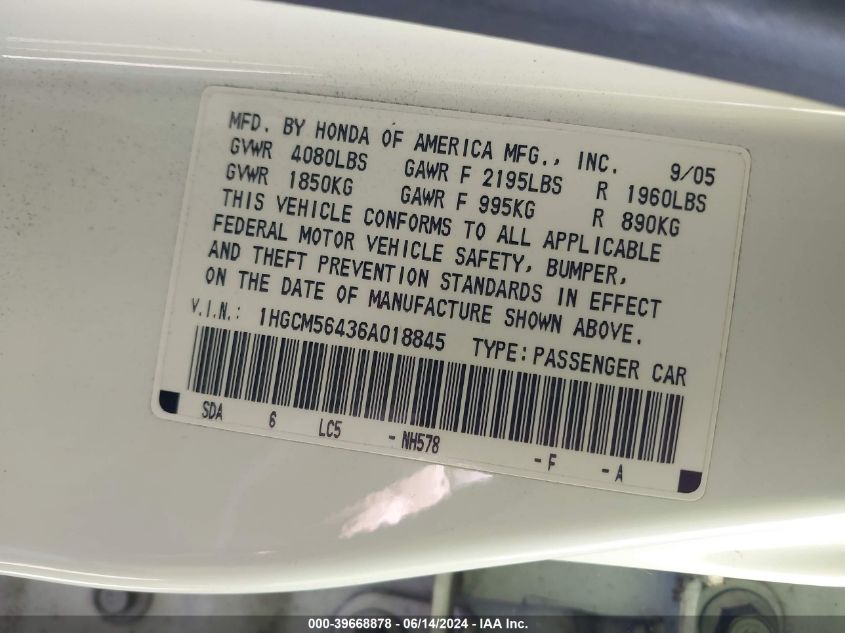 2006 Honda Accord 2.4 Lx VIN: 1HGCM56436A018845 Lot: 39668878