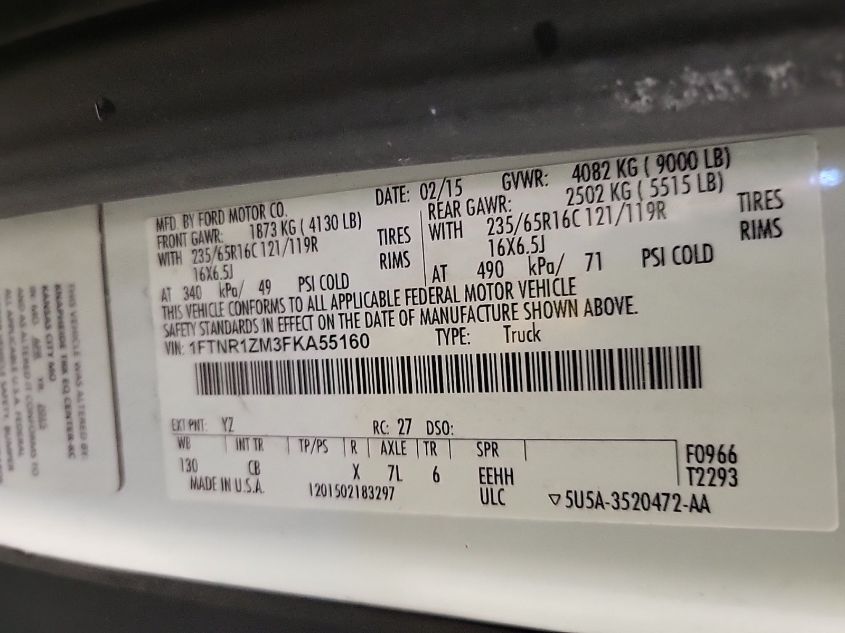 2015 Ford Transit-250 VIN: 1FTNR1ZM3FKA55160 Lot: 39668912