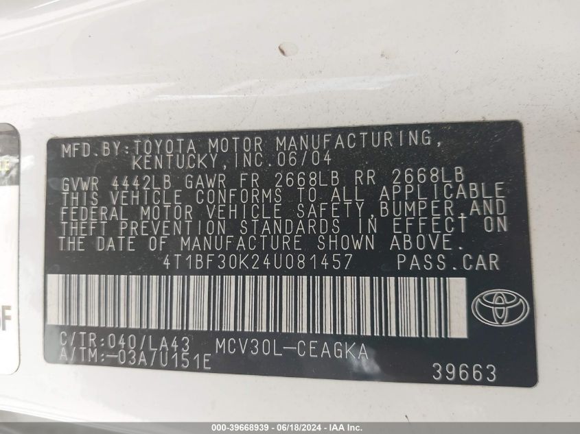 2004 Toyota Camry Xle V6 VIN: 4T1BF30K24U081457 Lot: 39668939