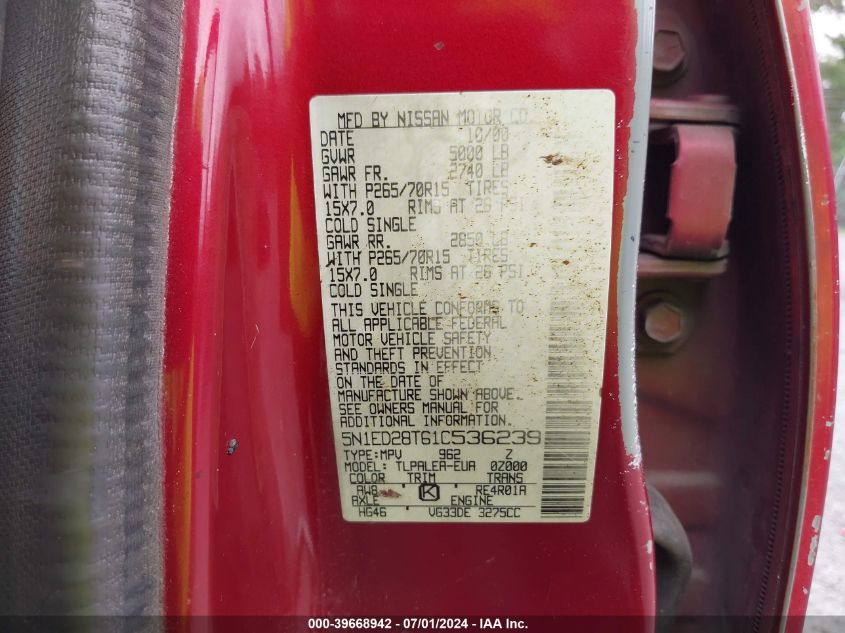 2001 Nissan Xterra Xe-V6 VIN: 5N1ED28T61C536239 Lot: 39668942