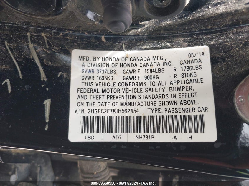 2018 HONDA CIVIC EX - 2HGFC2F78JH562454