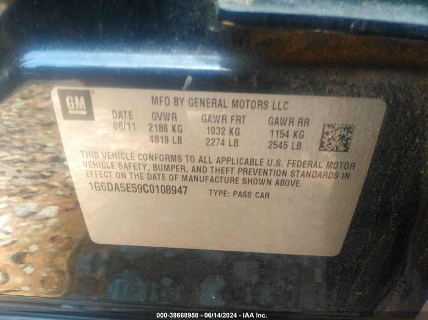 2012 Cadillac Cts Standard VIN: 1G6DA5E59C0108947 Lot: 39668958