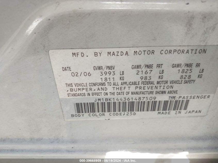 2006 Mazda Mazda3 S VIN: JM1BK144361487509 Lot: 39668959
