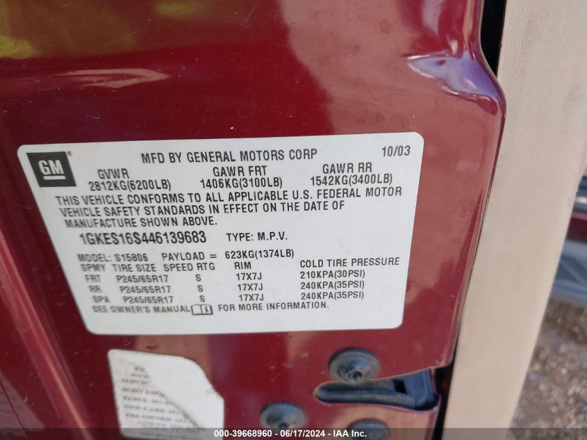 2004 GMC Envoy Xl Sle VIN: 1GKES16S446139683 Lot: 39668960