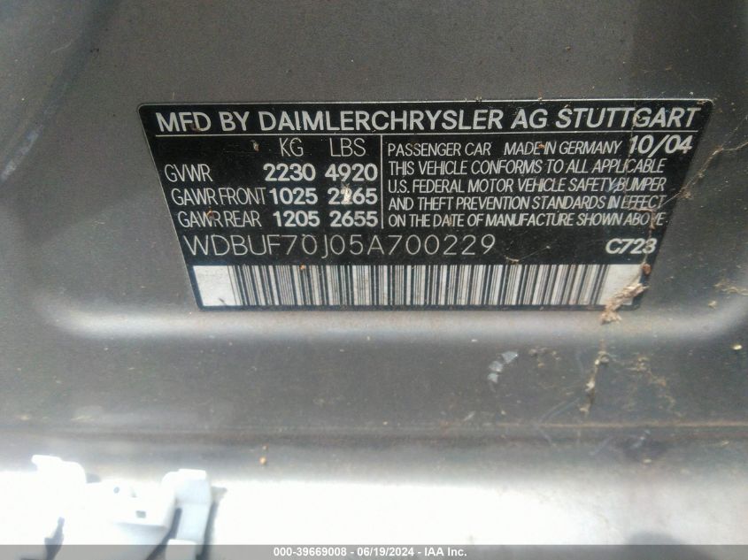 2005 Mercedes-Benz E-Class 5.0L VIN: WDBUF70J05A700229 Lot: 39669008