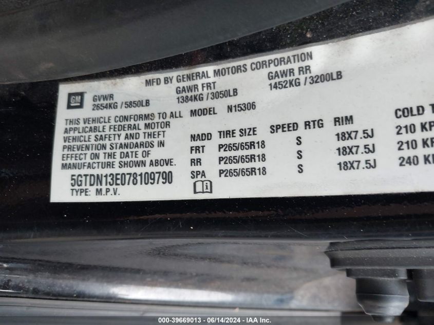 2007 Hummer H3 Suv VIN: 5GTDN13E078109790 Lot: 39669013