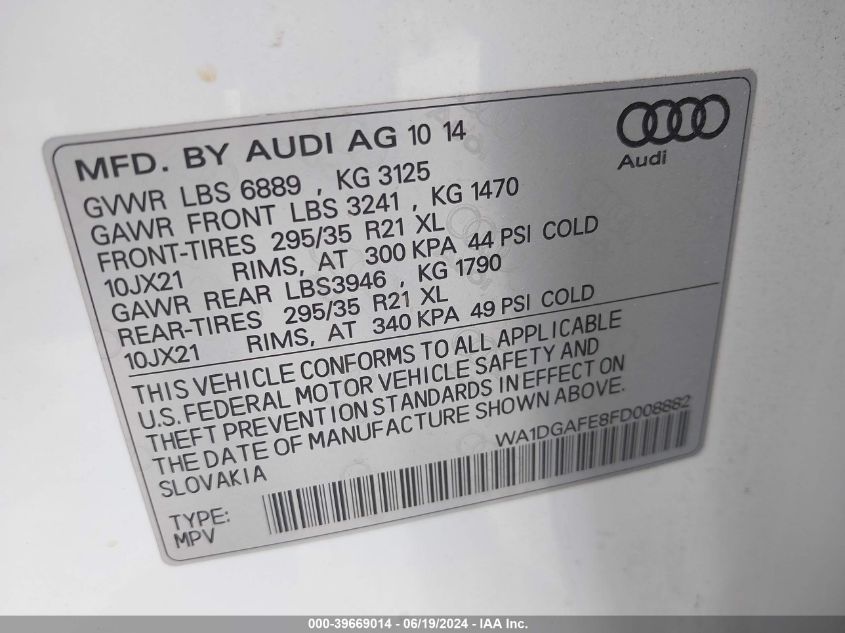 2015 Audi Q7 3.0T S Line Prestige VIN: WA1DGAFE8FD008882 Lot: 39669014