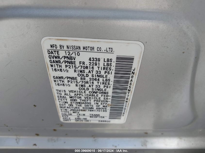 2011 Nissan Rogue S VIN: JN8AS5MT7BW170165 Lot: 39669015